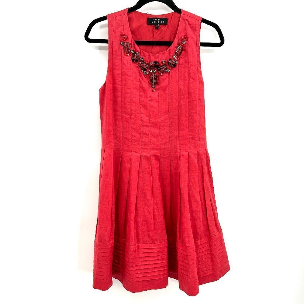 ROBERT RODRIGUEZ Red Pleated A-Line Beaded Collar Sleeveless Dress Size 6